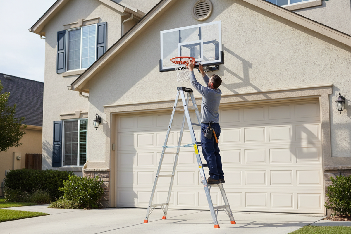 Person installing a basketball wall mounted hoop on a house exterior
