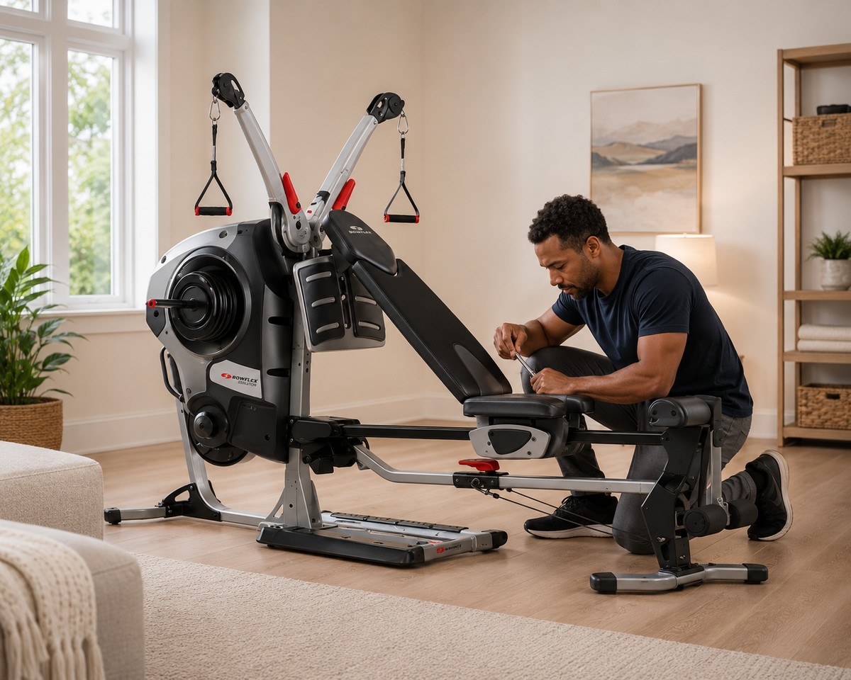 Man assembling a Bowflex revolution in a home setting