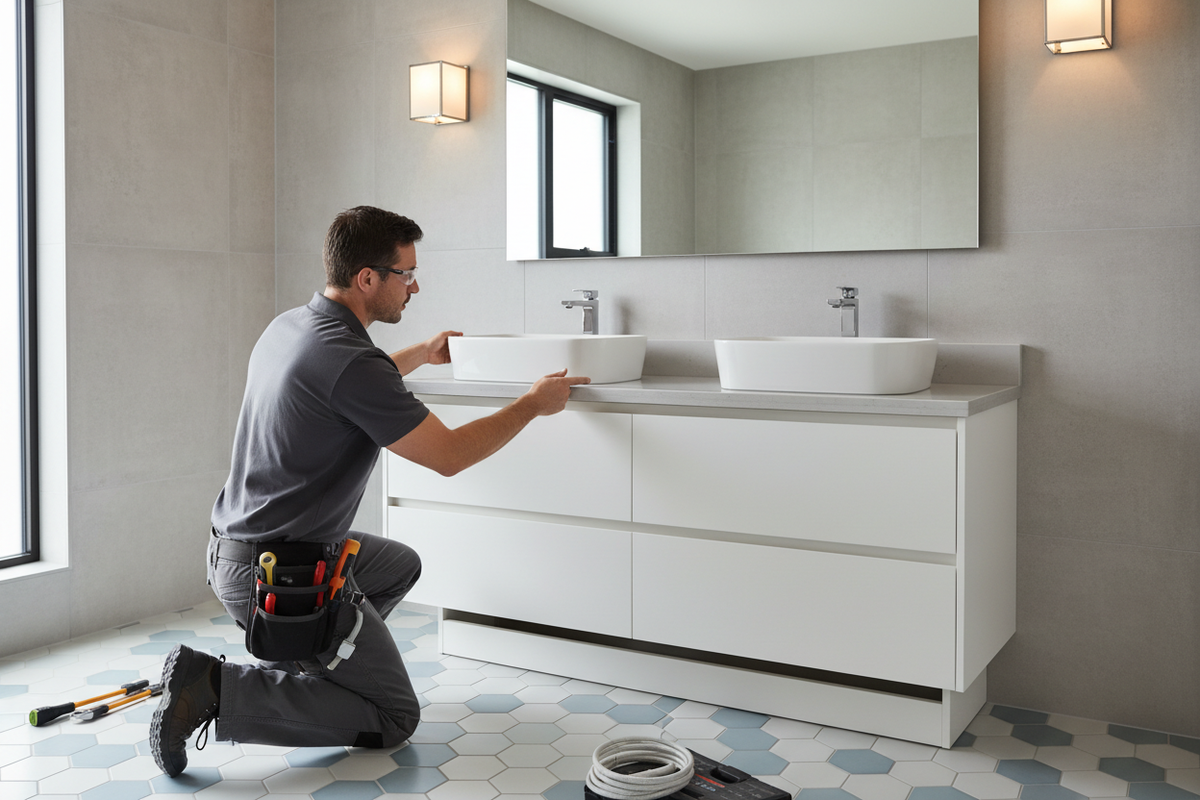 Person installing a bathroom vanity in a modern bathroom.