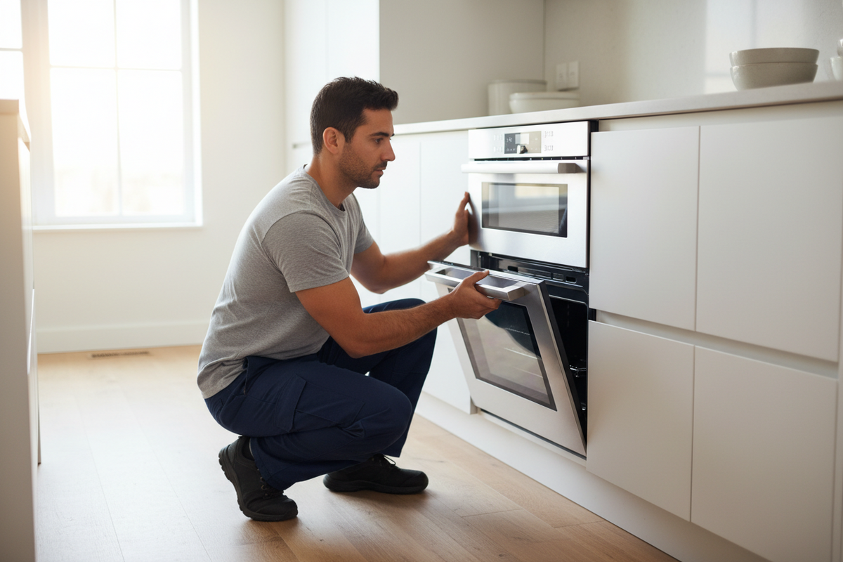 man installing an electric wall oven in a kitchen.