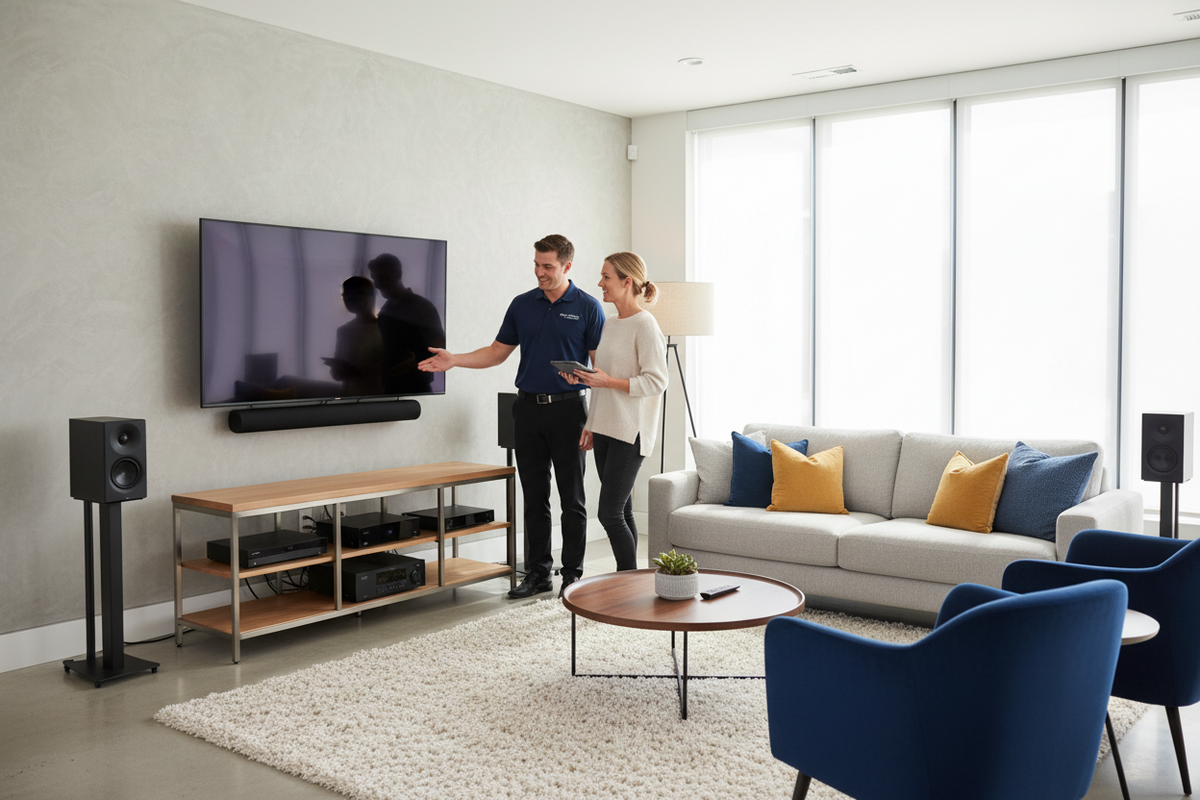 Home Theater System in a living room with a man and women by the TV discussing. 
