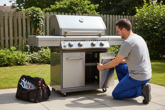 Man assembling a BBQ in a backyard. 