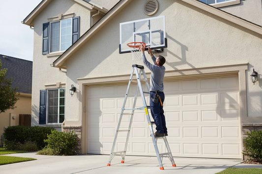 Person installing a basketball wall mounted hoop on a house exterior