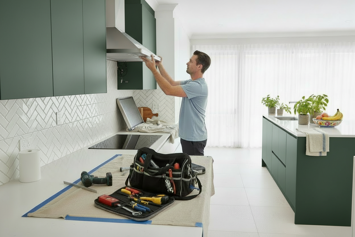 Man installing a canopy or chimney style range hood in a kitchen. 