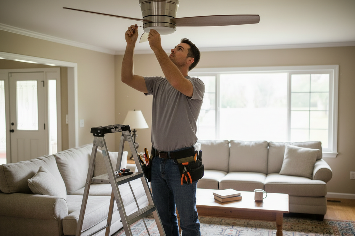 Man installing a ceiling light fixture in a living room.