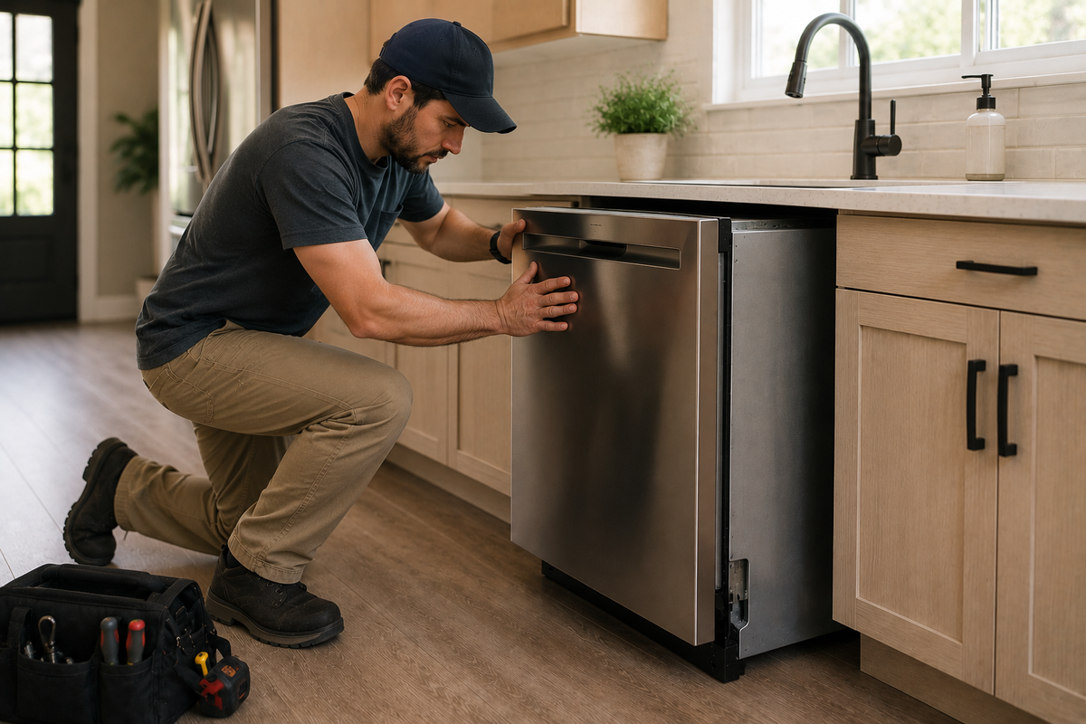 Person installing a stainless steel dishwasher in a kitchen.