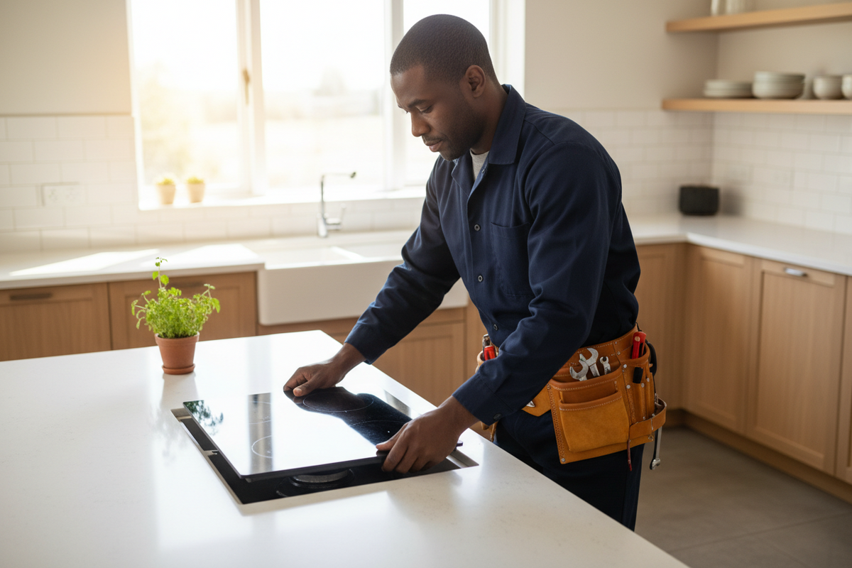 Person installing an electric cook top in a kitchen