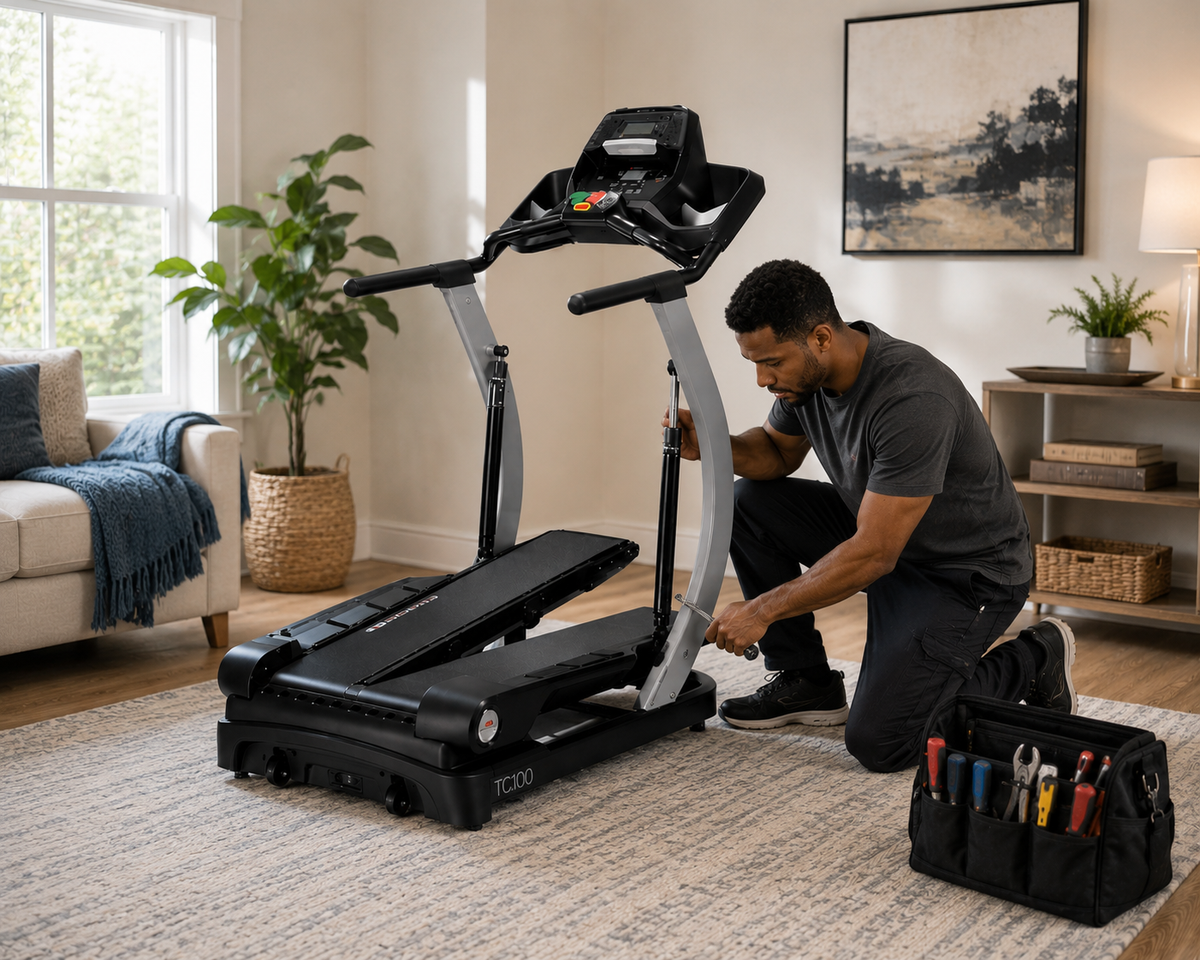 Man working on a treadClimber in a home setting with tools and a toolbox nearby.