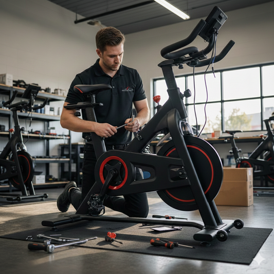 Man working on a stationary bike in a workshop setting