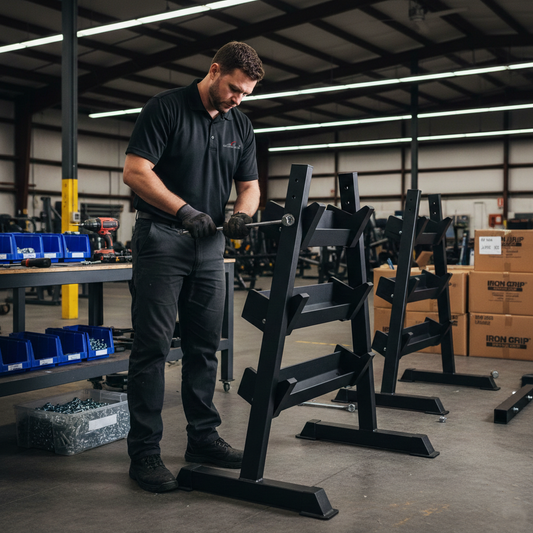 Man assembling a piece of gym equipment in a warehouse setting