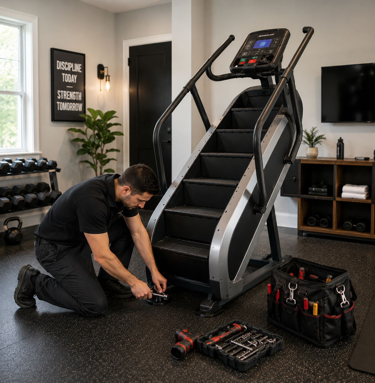 Man working on a stair climber in a home gym setting