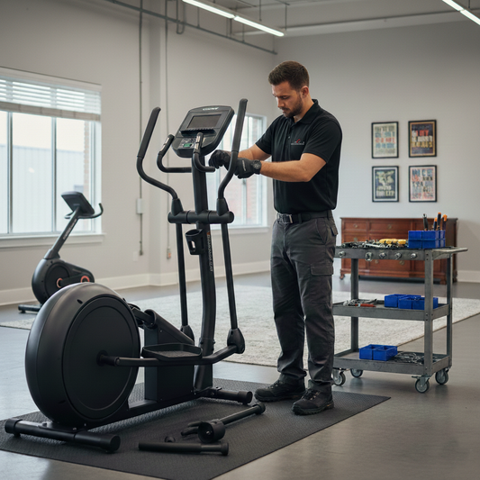 Man working on an elliptical machine in a gym setting