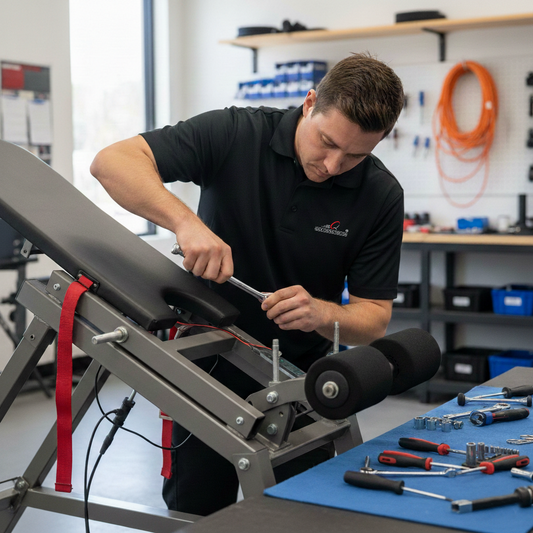 Person working on an inversion therapy table  in a workshop setting