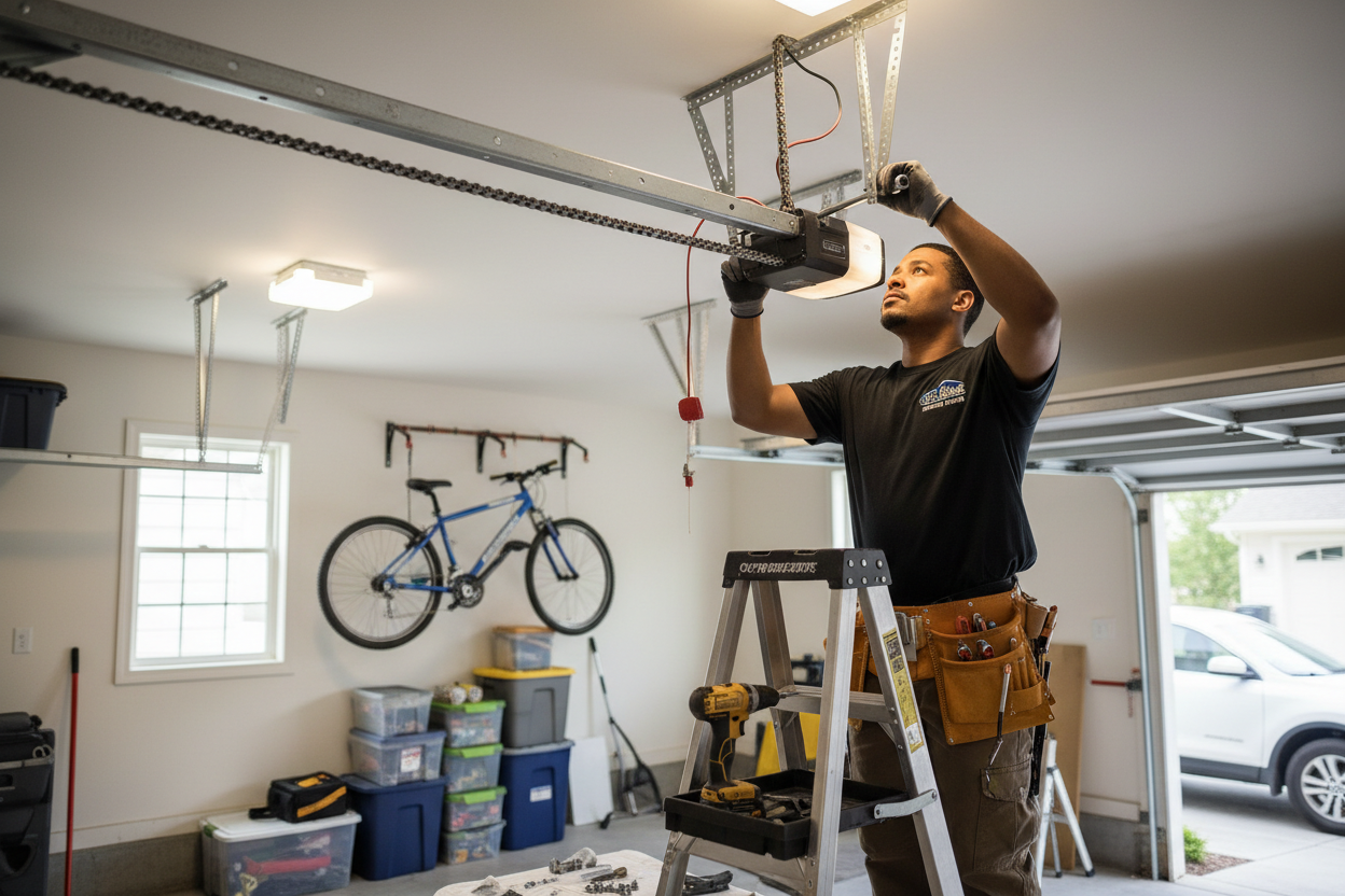 Overhead garage door opener installation – ceiling-mounted motor system for smooth and reliable door operation.