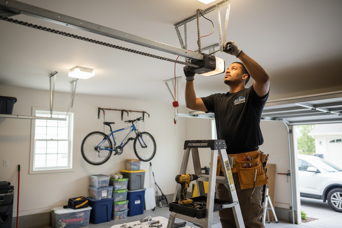 Overhead garage door opener installation – ceiling-mounted motor system for smooth and reliable door operation.