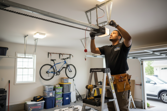 Overhead garage door opener installation – ceiling-mounted motor system for smooth and reliable door operation.