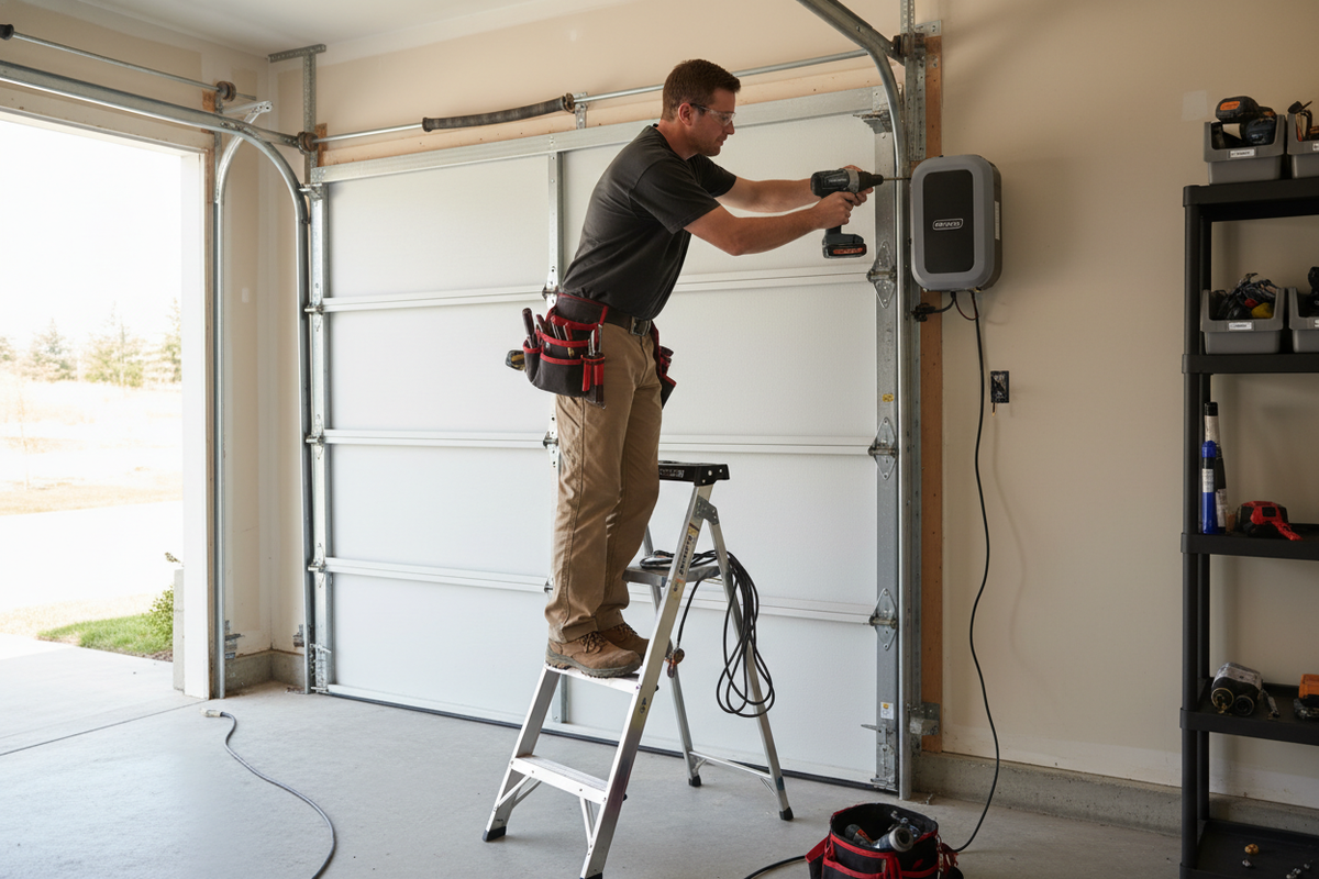 Side-mount garage door opener installation – expert setup for residential garage doors with wall-mounted motor.