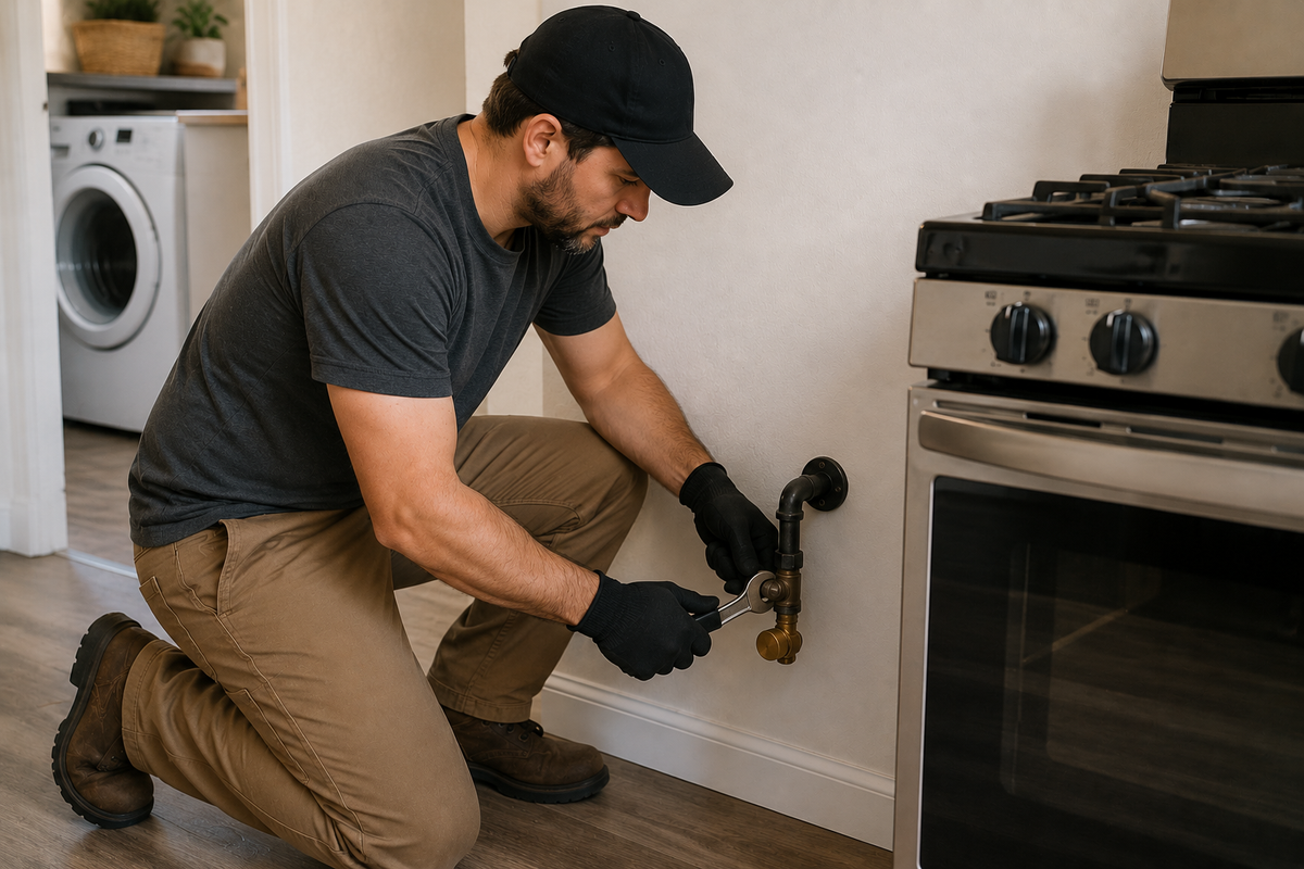 gas technician completing a gas disconnection and cap off service in a kitchen.