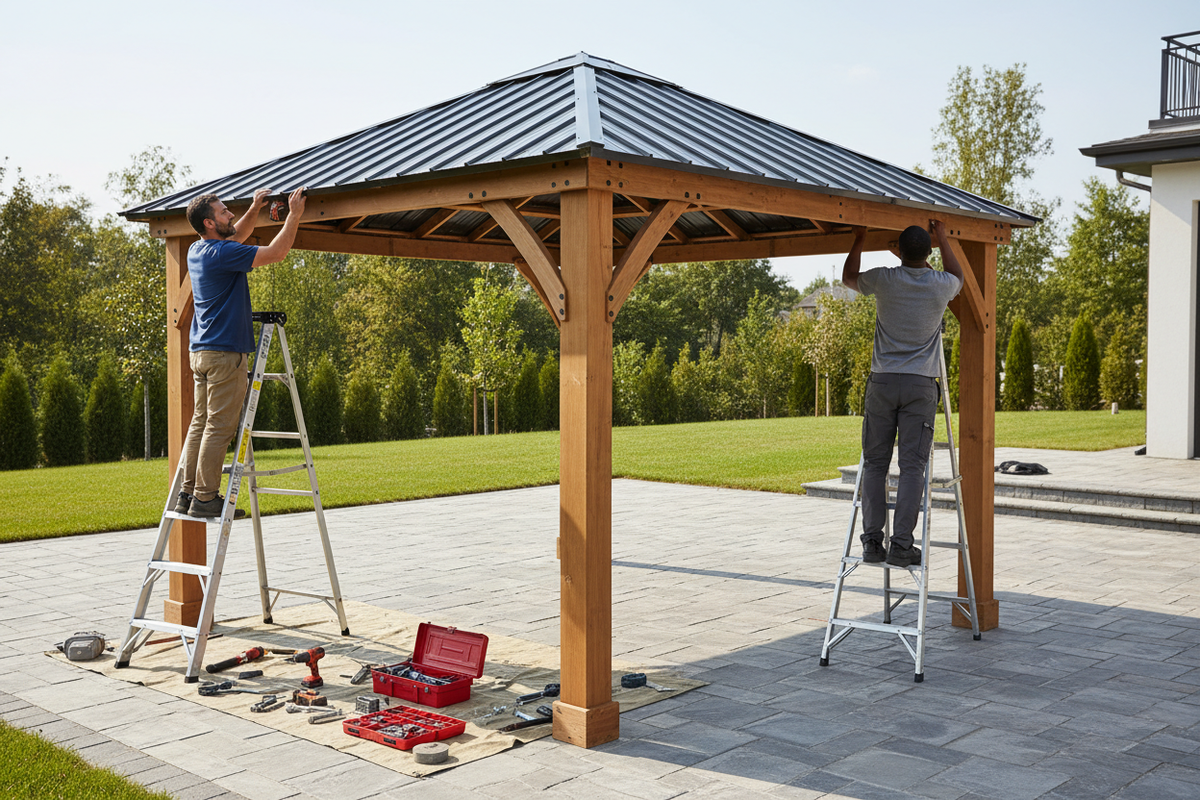 Two people installing a wooden gazebo with metal roof on a patio.