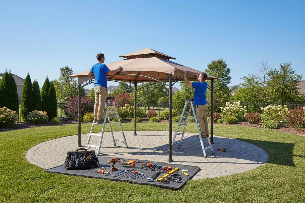 Gazebo being assembled in a backyard by two installers