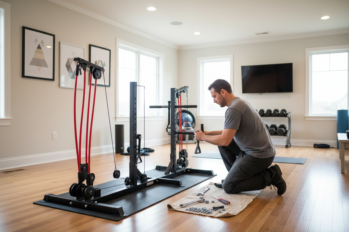 Man working on a home gym setup in a room with windows and a TV.