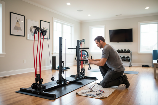 Man working on a home gym setup in a room with windows and a TV.