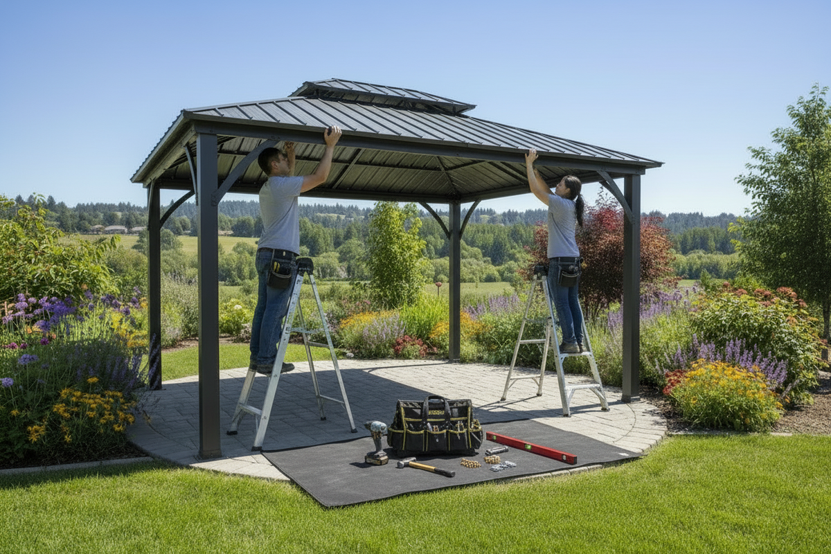 Two people assembling a metal gazebo in a garden setting with tools on a mat.