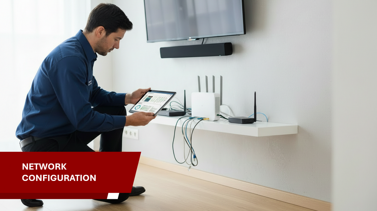 Person configuring network on a tablet in a modern room with electronic devices.