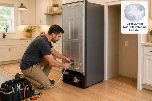 Person installing a refrigerator with a PEX waterline kit in a kitchen.