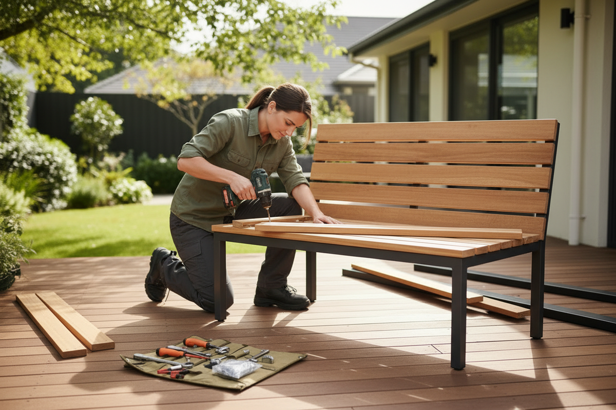 Person assembling a wooden bench on a deck with tools nearby