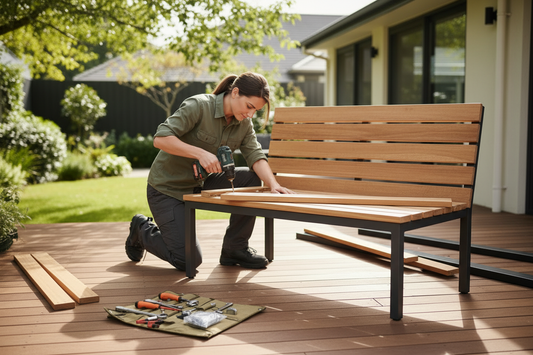 Person assembling a wooden bench on a deck with tools nearby