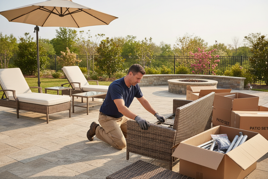 Man assembling outdoor furniture in a backyard setting with a fire pit and umbrella.