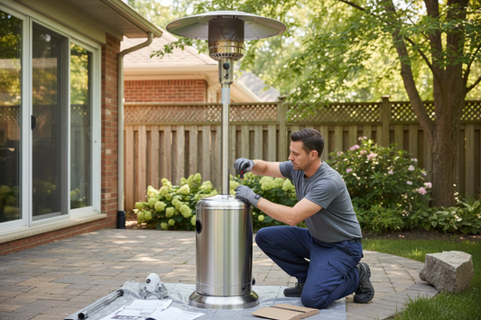 Person assembling a patio heater on a patio