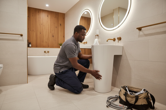 Person working on a sink in a modern bathroom