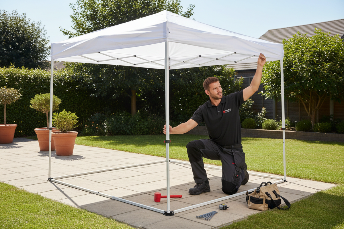 Man setting up a white pop-up canopy in a garden