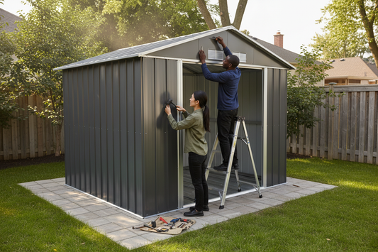 Two people installing a metal shed in a backyard setting.