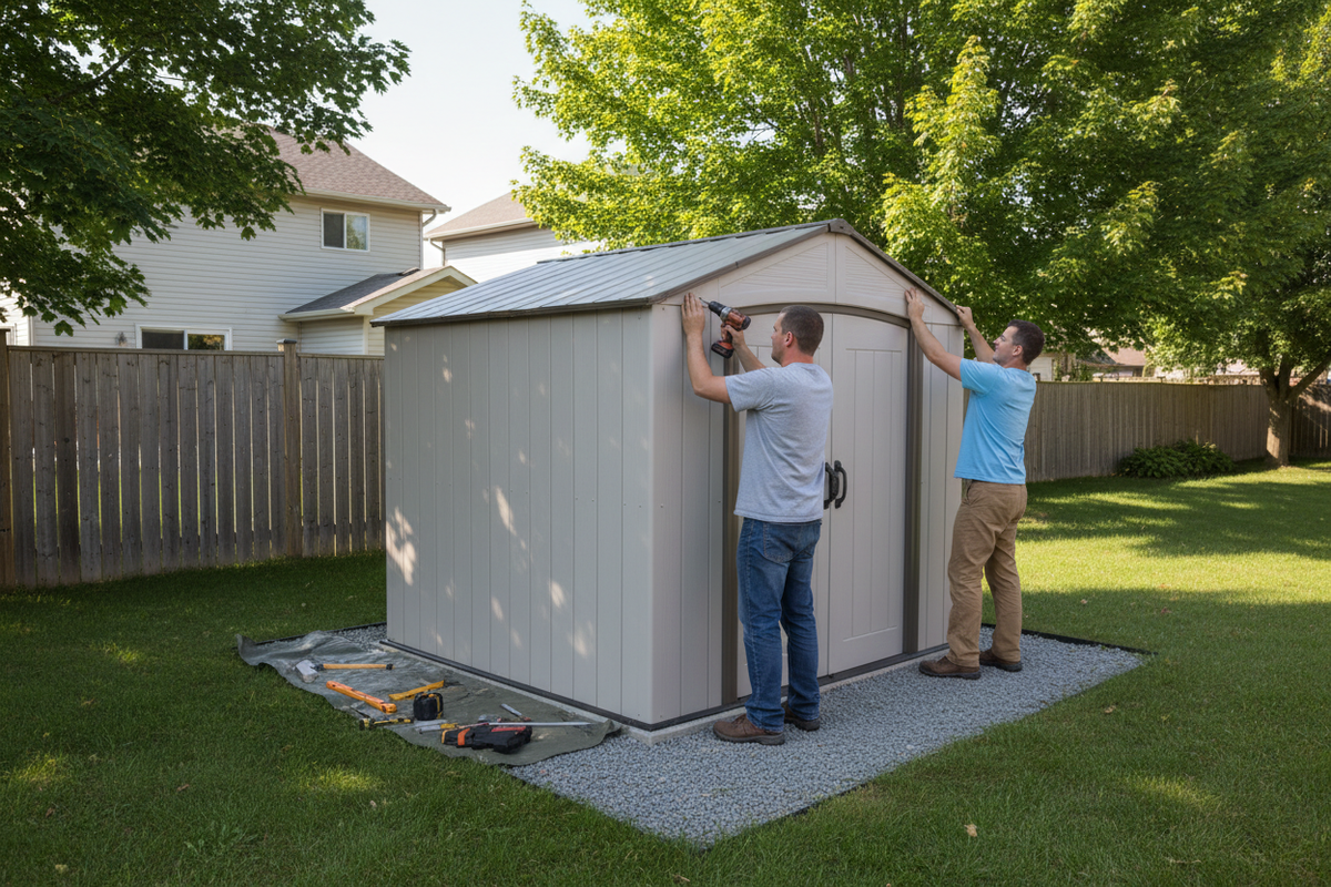 Two people installing a storage shed in a backyard with trees and a house in the background.