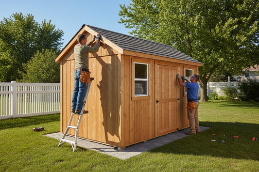 Two people working on a wooden shed in a backyard setting.