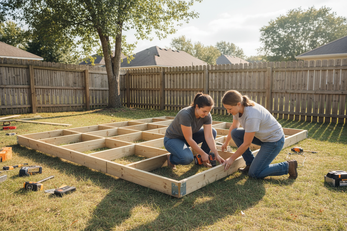 Two women working on building a wooden foundation in a backyard.