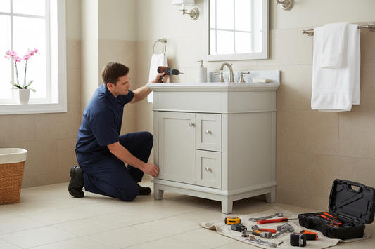 Person installing a bathroom vanity with tools on the floor.
