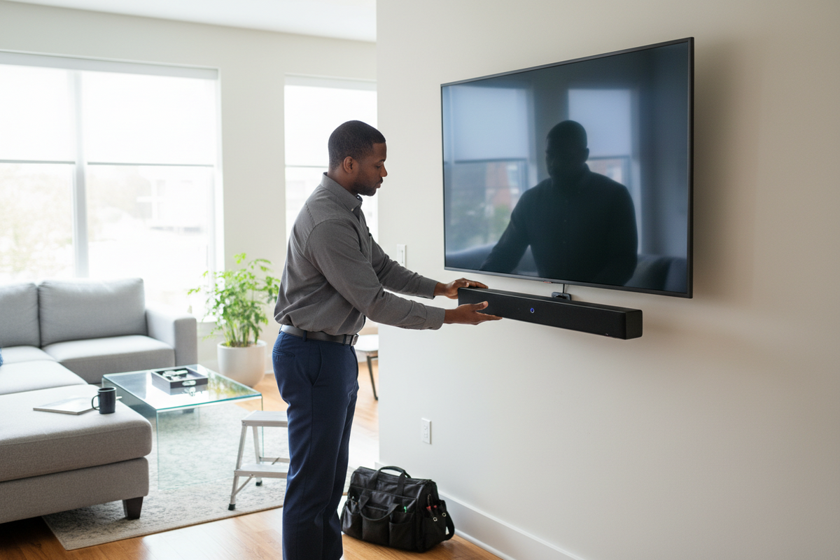 Man mounting a soundbar under a TV on the wall. 