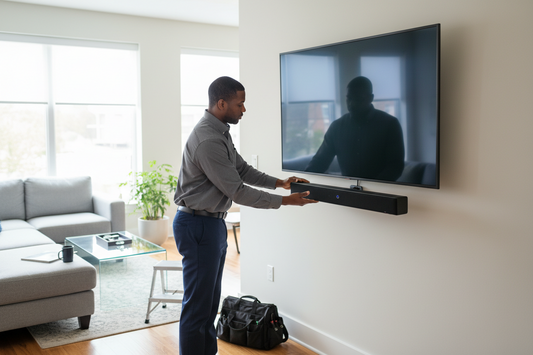 Man mounting a soundbar under a TV on the wall. 