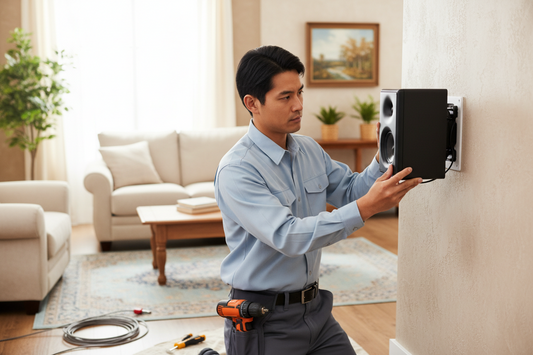 Person installing a speaker on a wall in a living room