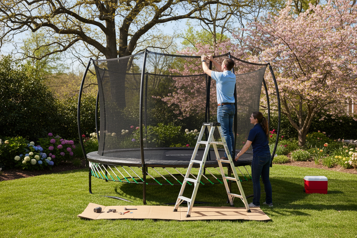 Two people assembling a spring free trampoline in a backyard. 