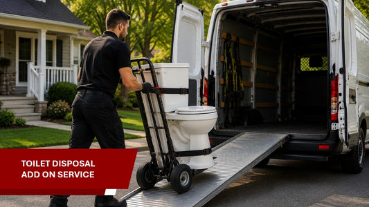 Man pushing a dolly with a toilet towards a moving van, with text 'Toilet Disposal Add On Service' at the bottom.