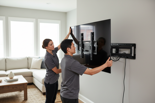 Two people installing a large flat-screen TV on a wall in a living room.