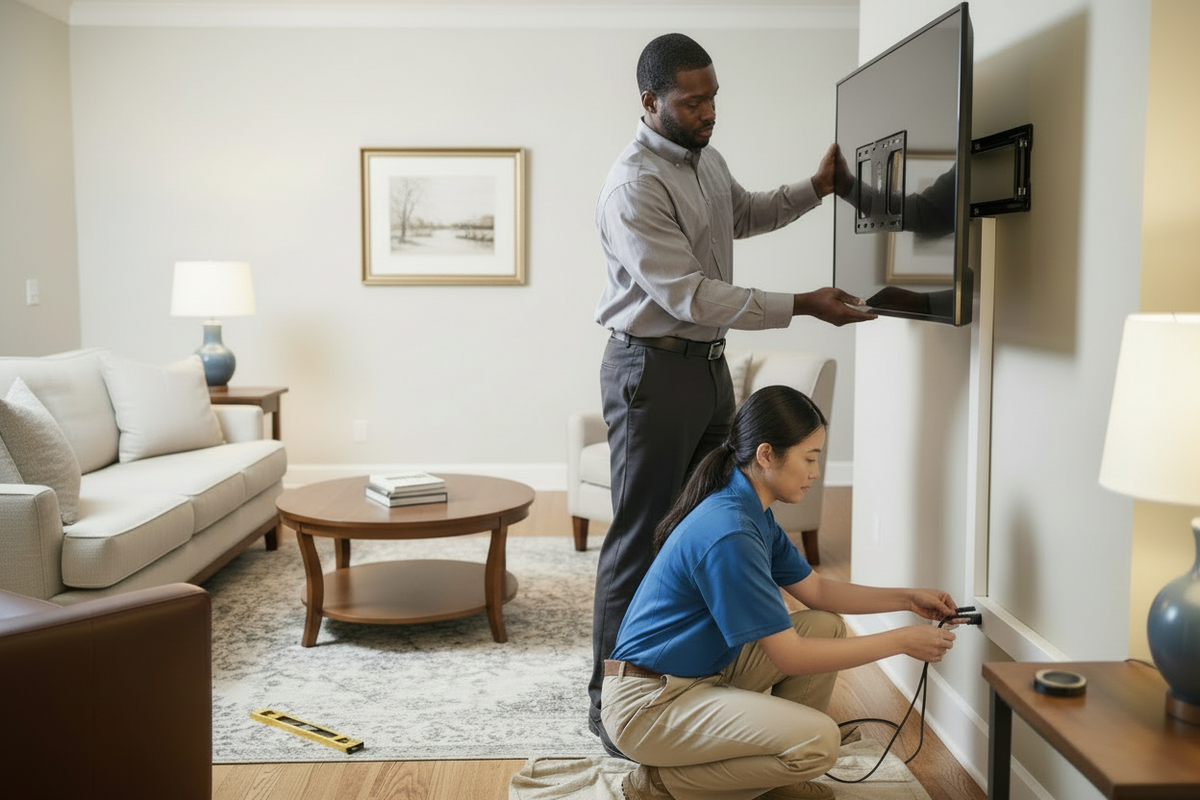 Two people wall mounting a television in a living room with an on wall wire concealment. 