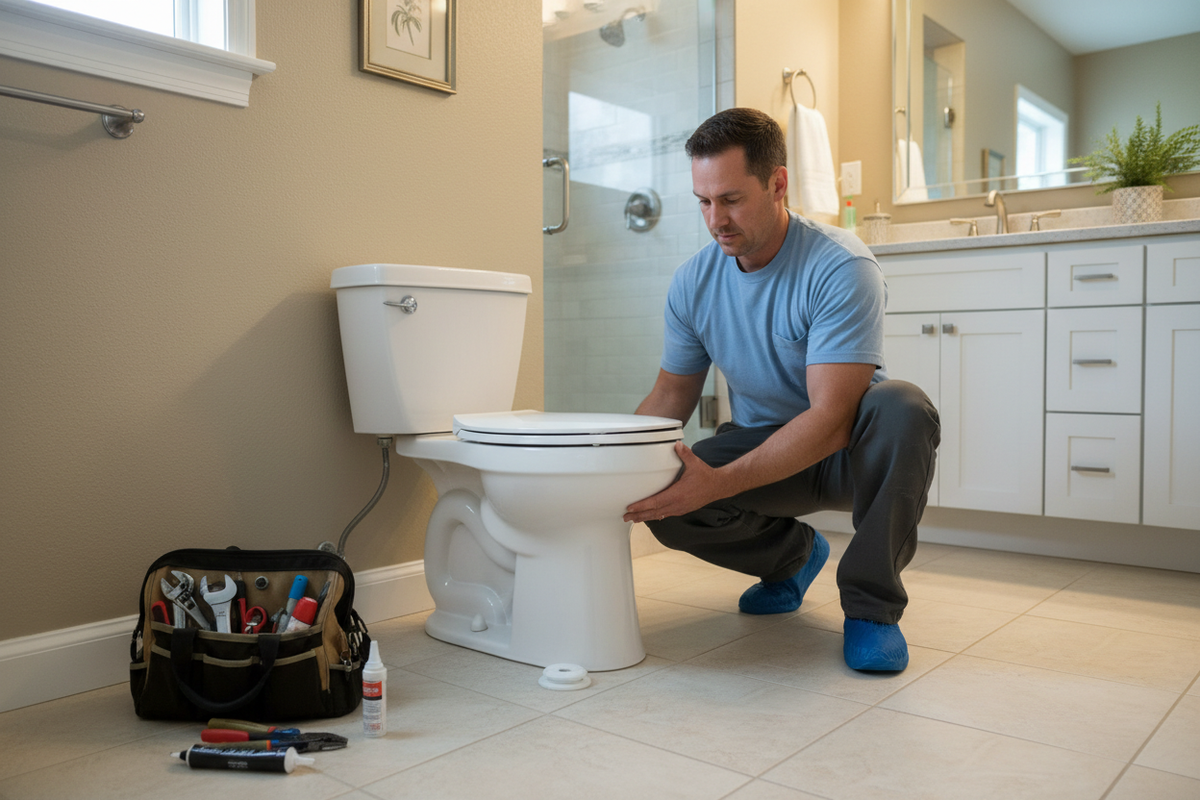 Man working on a toilet in a bathroom