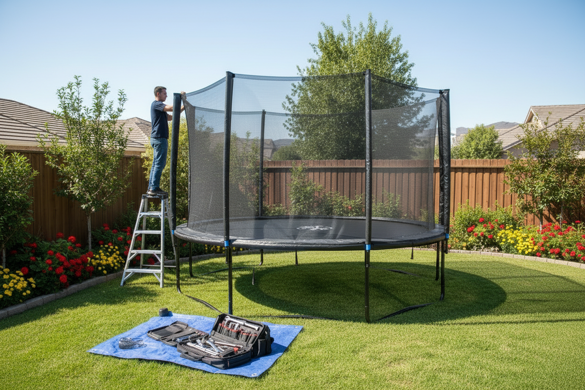 Person setting up a trampoline in a backyard with a ladder and tools on a mat.
