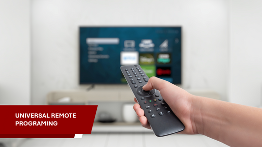 Hand holding a remote control with a blurred TV in the background, featuring text 'Universal Remote Programming'.